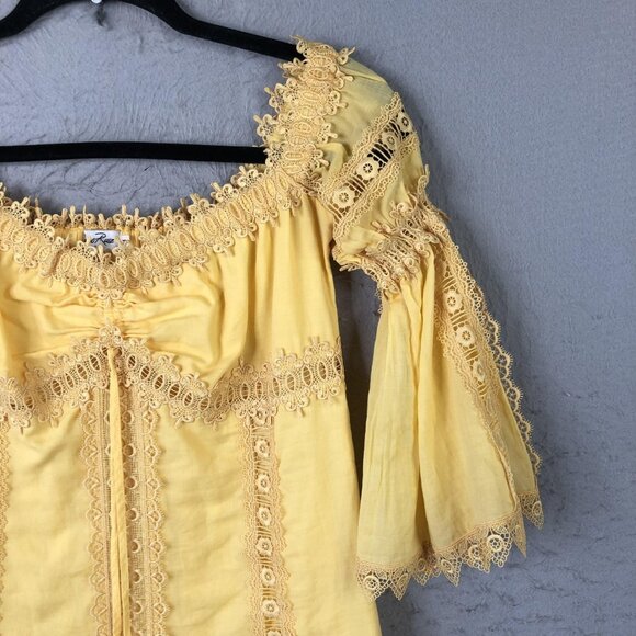 Charo Ruiz Ibiza Top Womens M Yellow Lace Boho Bell Sleeve Babydoll Milkmaid - Picture 9 of 16